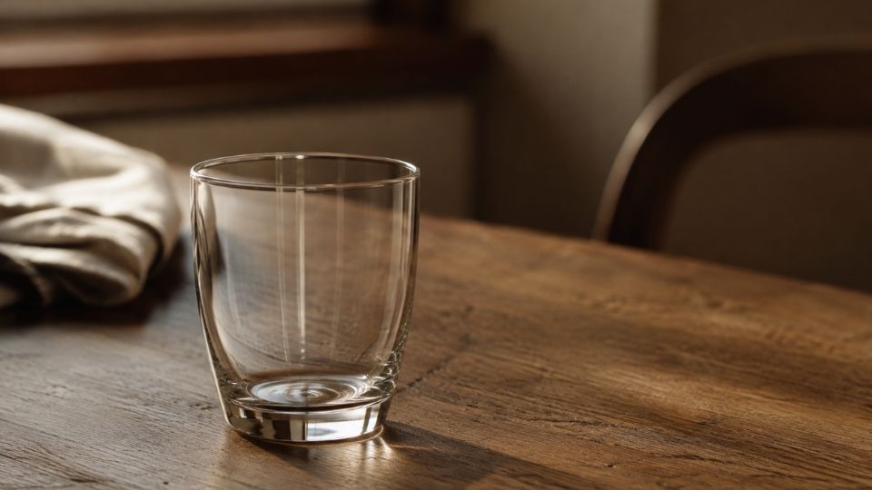 How Much Alcohol Is Too Much hero image of an empty glass on a table.