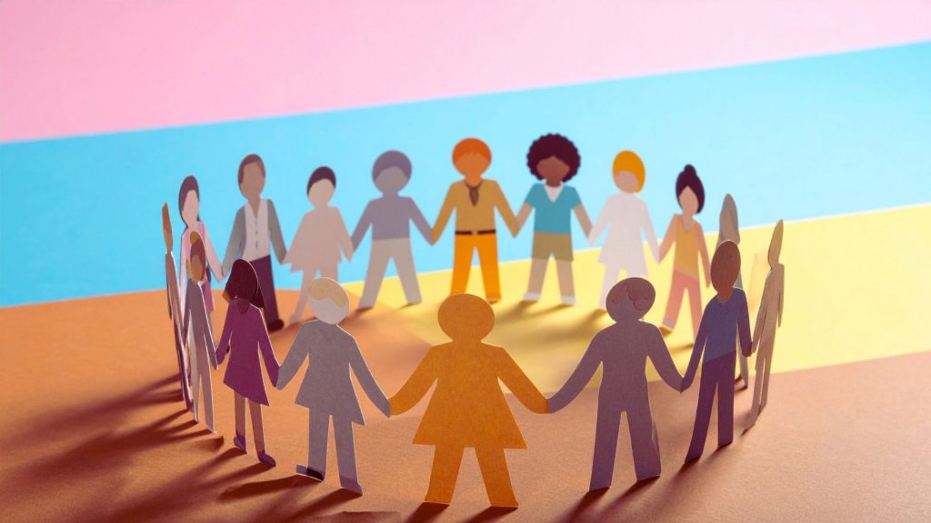 Illustration of diverse people holding hands in a circle symbolizing group therapy for addiction