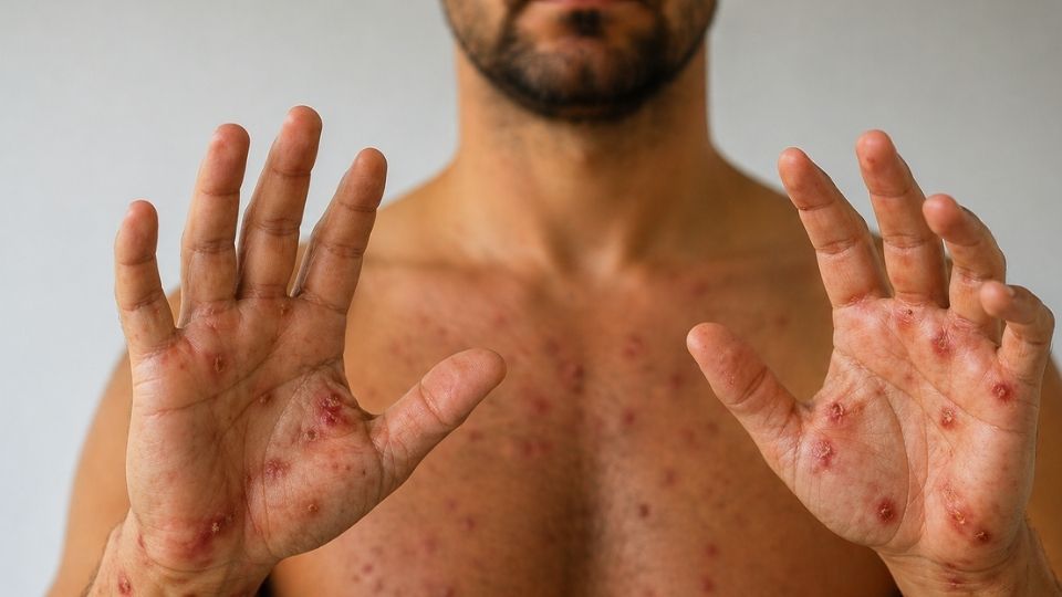 a man has meth sores on his hands and body.